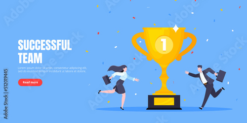 Employee recognition or proud workers of the month business concept flat style design vector illustration. Young adult people run toward the trophy cup.