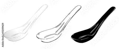 Three Chinese style of soup spoons, , line drawing, black, silver, white and grey, on white background  minimalist realistic illustration vector  photo