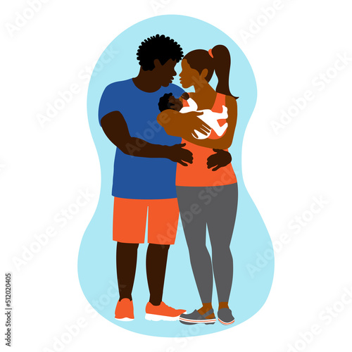 Happy African American family with a baby in their arms. Embrace. Parental care for children. Couple love. Woman and man in full growth