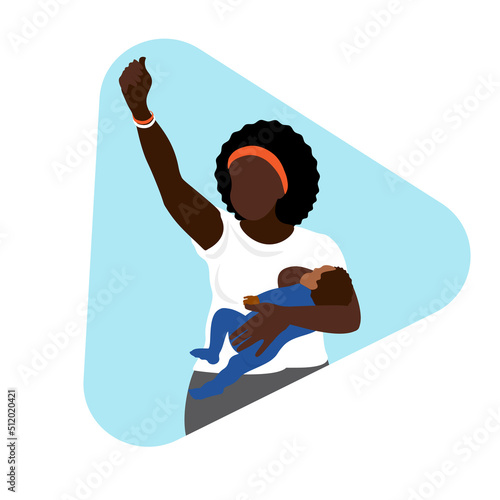 African american mom breastfeeding baby with her raising her first in the air. Black women fighting for their rights. Eliminate disparities in health care. Motherhood. Active life position of mothers.