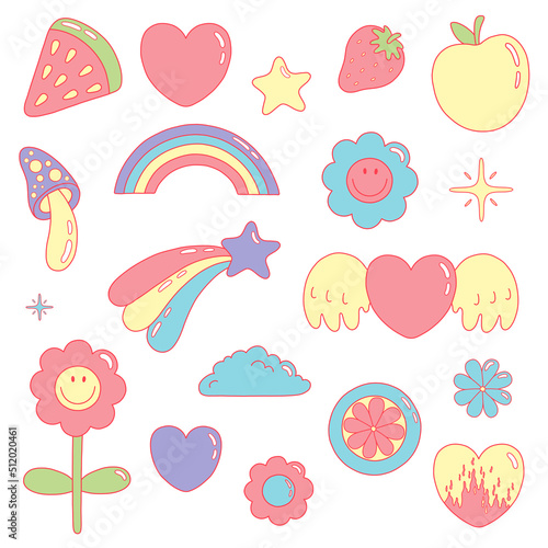 Vector illustration set from y2k vibe. Nostalgia for the 2000 years. Heart, star, mushroom, apple, strawberry, watermelon, flowers, rainbow, cloud.