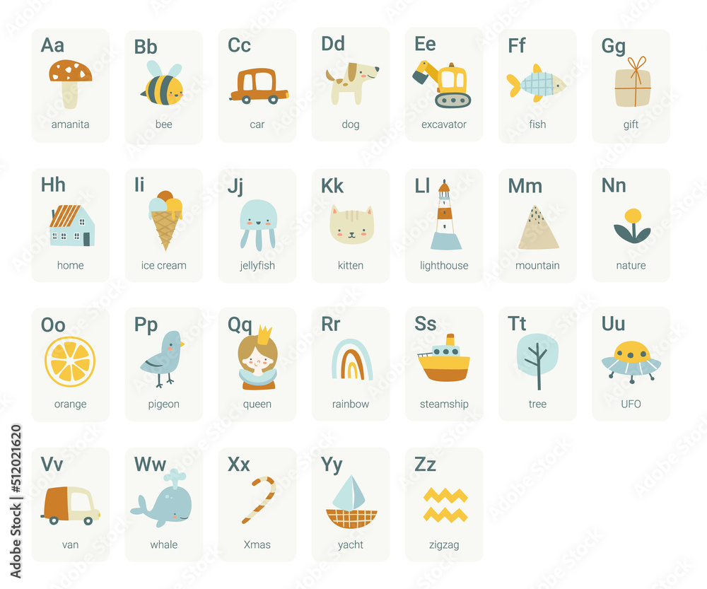 Set of alphabet cards for baby. Cute english learn cards collection for
