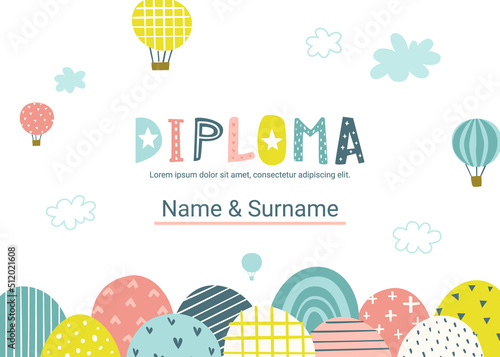 Cute diploma template with abstract hills and hot air balloons. Certificate vector design for children competition.