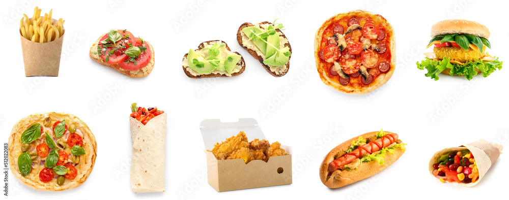 Set of different tasty fast food isolated on white