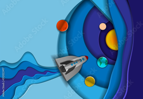 Paper art carving of a rocket flying in space. The concept of a business idea, startup, intelligence. Vector illustration in a modern style made of paper.