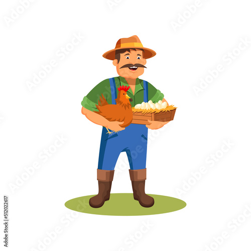 Farmer holds chicken and eggs, vector icon.