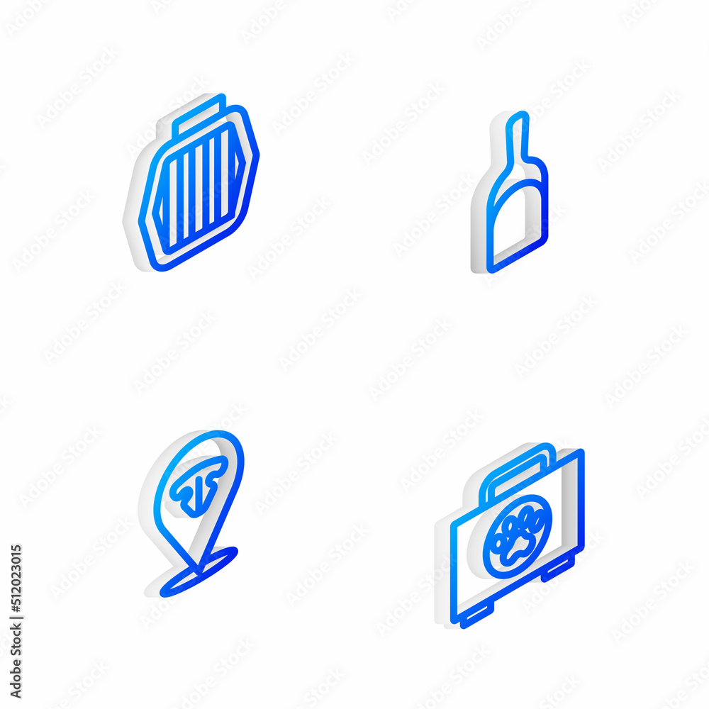 Set Isometric line Dustpan, Pet carry case, Cat nose and first aid kit icon. Vector Set Isometric line Dustpan, Pet carry case, Cat nose and first aid kit icon. Vector
