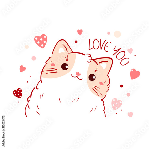 Cute Valentine card in kawaii style. Lovely cat with pink hearts. Inscription Love you. Can be used for t-shirt print, stickers, greeting card design. Vector illustration EPS8