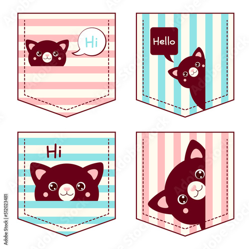 Cute little cats in pocket set. Baby collection of animals in pockets. Childish print with funny kittens for t-shirt design. Vector illustration EPS8