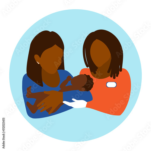 The lactation adviser helps the african american mother attach the newborn baby. Postpartum support, nursing mothers care. Communicating breastfeeding issues.