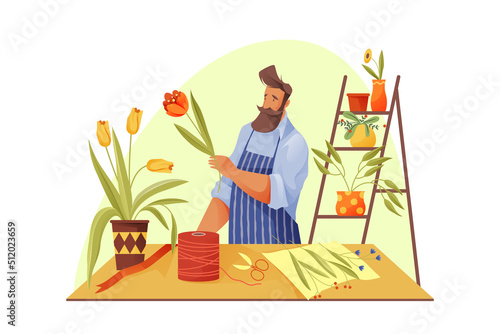 Florist character in flower shop, vector banner
