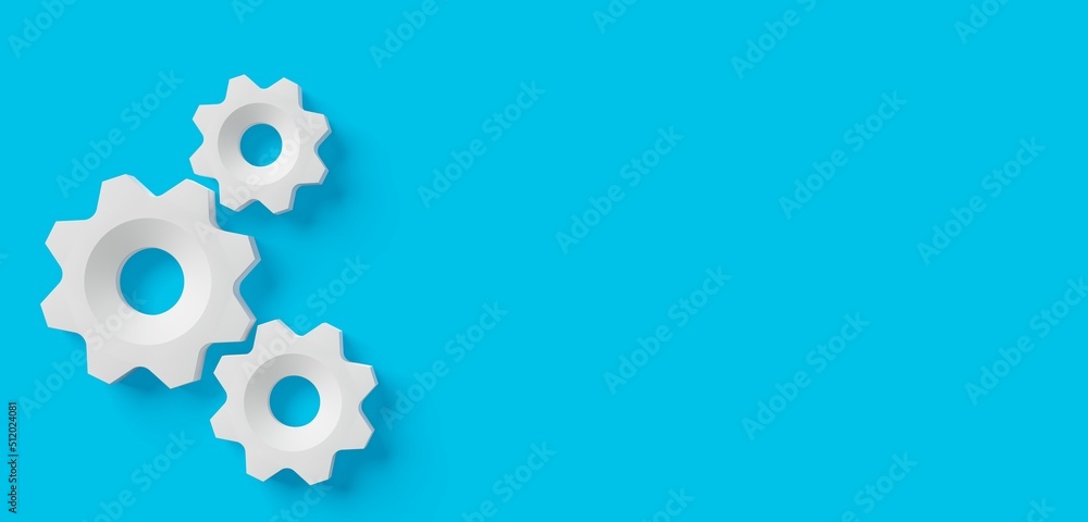 Three white gears or cogwheels on blue background with copy space, modern minimal management, team, process or industry concept template flat lay top view from above Three white gears or cogwheels on blue background with copy space, modern minimal management, team, process or industry concept template flat lay top view from above