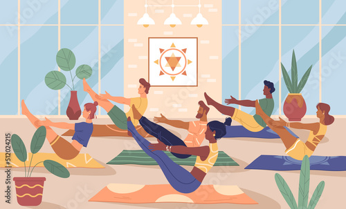 Yoga practice in studio or class, vector banner