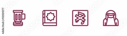 Set line Medieval goblet, Speaker mute, Holy book of Koran and Muslim woman in niqab icon. Vector