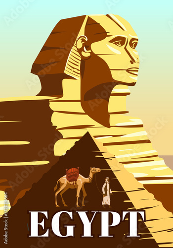 Ancient Sphinx, Egypt Pharaoh Pyramids Vintage Poster. Travel to Egypt Country, Sahara desert, camel with egyptian. Retro card illustration vector