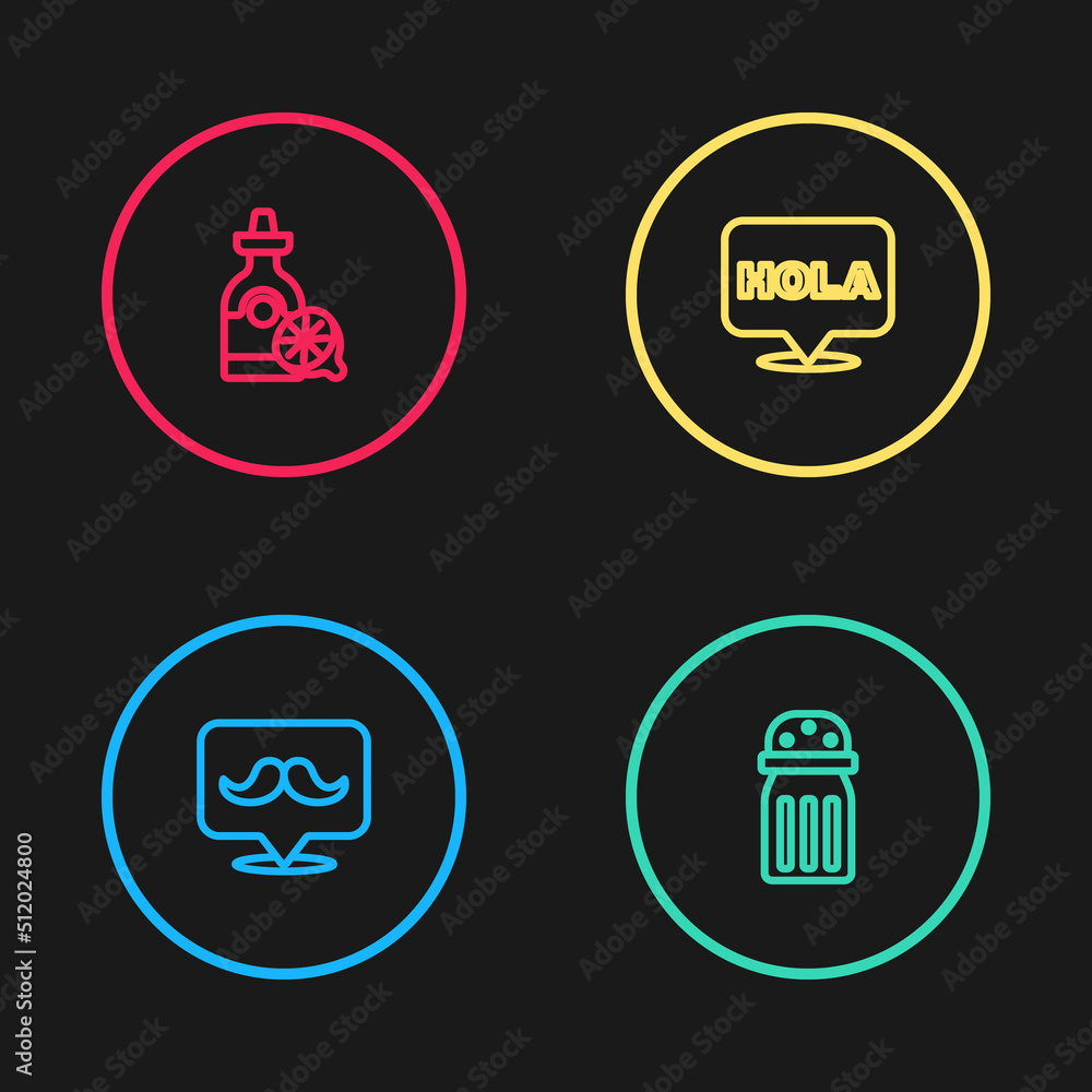 Set line Mustache, Salt, Hola and Tequila bottle with lemon icon. Vector Set line Mustache, Salt, Hola and Tequila bottle with lemon icon. Vector
