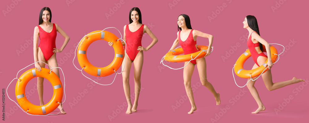 Set of female lifeguard on pink background