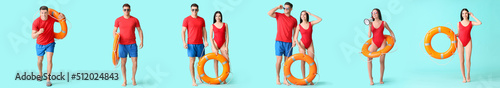 Photography Set of beach rescuers on light blue background