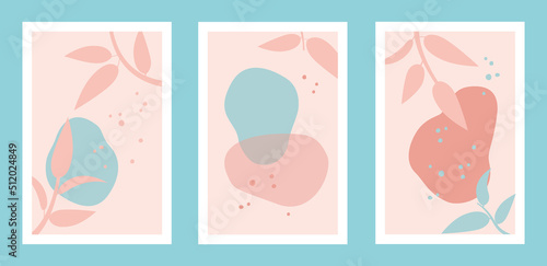 Abstract natural background set with hand drawn leaves and shapes in pink and blue pastel muted colors. Modern contemporary art illustrations, banners, poster, print, templates