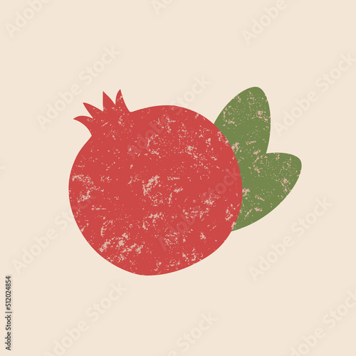 Pomegranate with leaves, textured scratched flat style illustration on nude background
