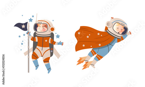 Boys in spacesuits flying with jetpack in outer space. Cute children dreaming of becoming astronauts vector illustration