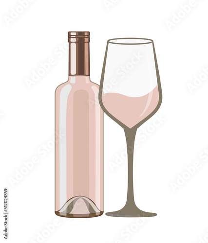 Rose pink wine bottle and wineglass, flat style vector illustration isolated on white background