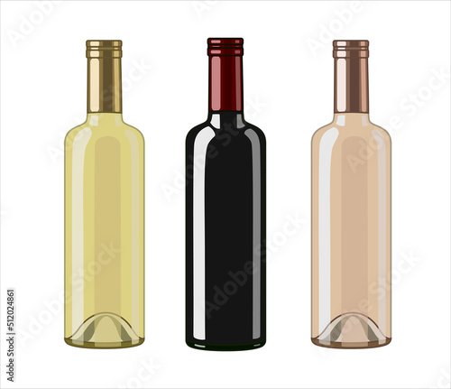White, red and rose wine bottles, flat style vector illustration isolated on white background