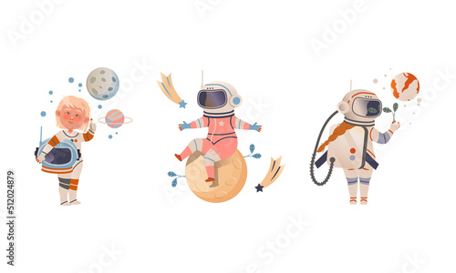 Cute children dreaming of becoming astronauts set. Kids in spacesuits exploring new planets vector illustration