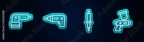 Set line Electric sander, cordless screwdriver, Soldering iron and Paint spray gun. Glowing neon icon. Vector