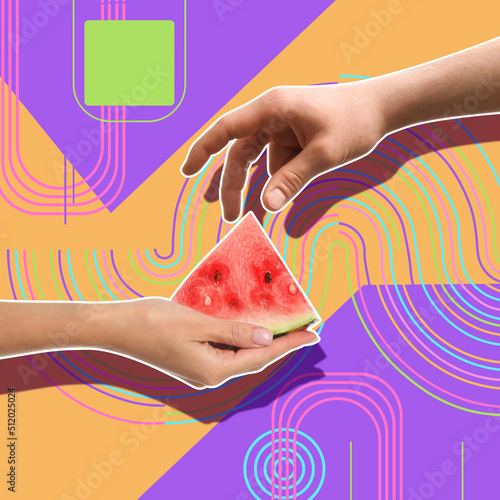 Collage with hands and slice of ripe watermelon on colorful background