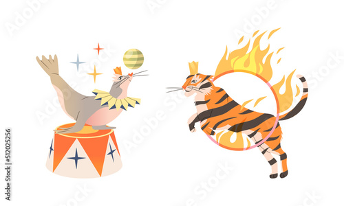 Artists performing at circus show set. Seal balancing on ball, tiger jumping through flaming hoop vector illustration