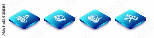 Set Isometric line Rocket ship, Planet Saturn, Mars rover and Telescope icon. Vector