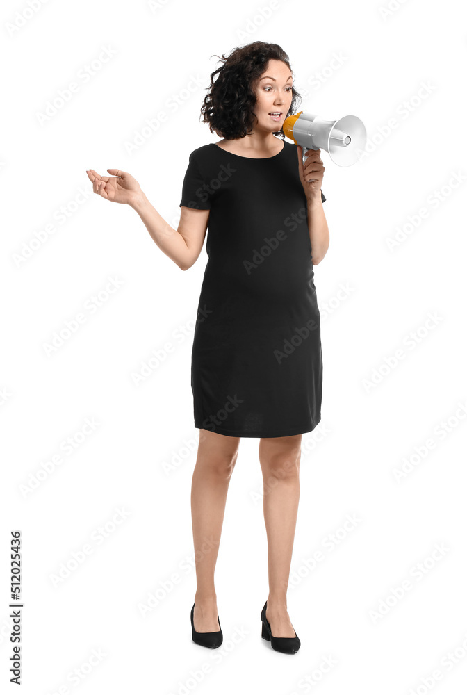 Young pregnant woman shouting into megaphone on white background Young pregnant woman shouting into megaphone on white background