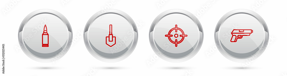 Set line Bullet, Shovel, Target sport and Pistol gun. Silver circle button. Vector Set line Bullet, Shovel, Target sport and Pistol gun. Silver circle button. Vector