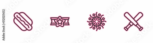 Set line Hotdog sandwich, Firework, Star American military and Crossed baseball bat icon. Vector