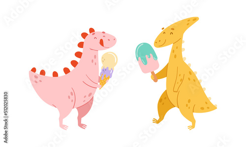 Two cute little dinosaurs enjoying of eating ice cream cartoon vector illustration