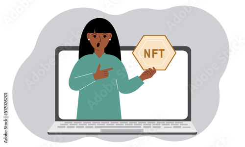NFT concept. A laptop in which a woman with the image of NFT in the palm of his hand. Auction of non-fungible tokens, markets, online education.
