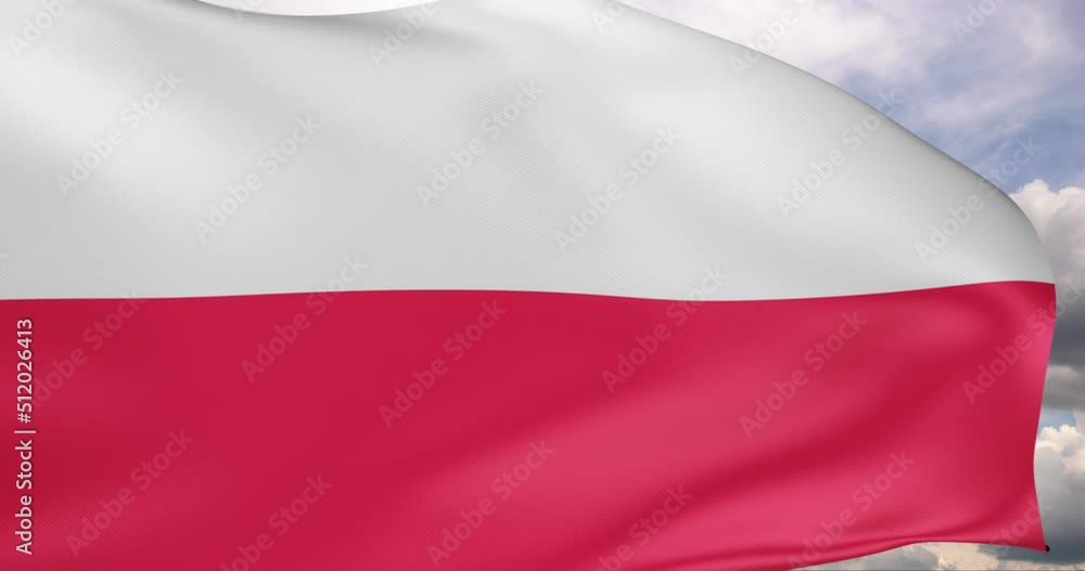 The flag of Poland flutters in the wind against a cloudy sky. 3D rendering 4K. The flag of Poland flutters in the wind against a cloudy sky. 3D rendering 4K.