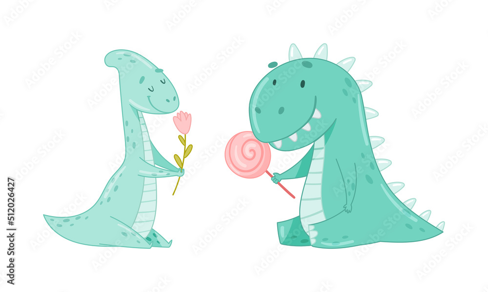 Obraz premium Cute baby dinosaurs activities set. Funny dino animals with pink flower and candy cartoon vector illustration