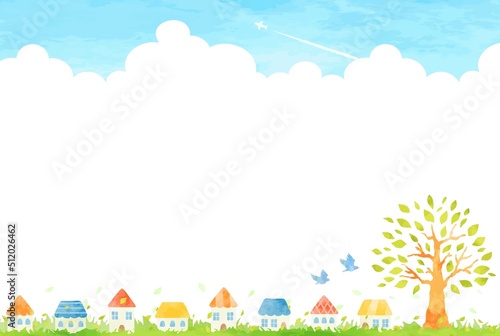 手描きの街並みと青空の風景イラスト