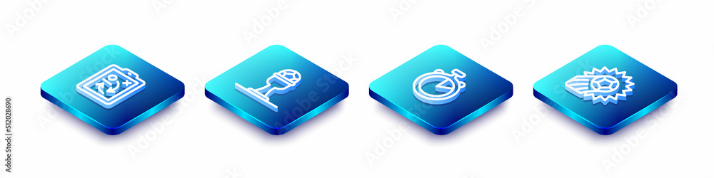 Set Isometric line Planning strategy concept, Award cup and football ball, Stopwatch and Soccer icon. Vector Set Isometric line Planning strategy concept, Award cup and football ball, Stopwatch and Soccer icon. Vector