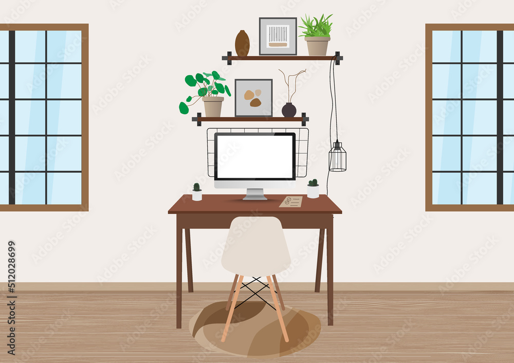 Working area. Space for sitting for work at home office flat cartoon characters. Art, vast, cactus, computer in modern interior. Working area. Space for sitting for work at home office flat cartoon characters. Art, vast, cactus, computer in modern interior.