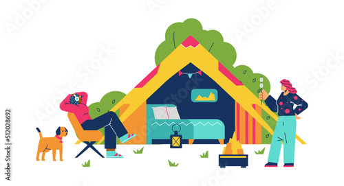 Comfortable glamping facilities with tourists, flat vector illustration isolated.