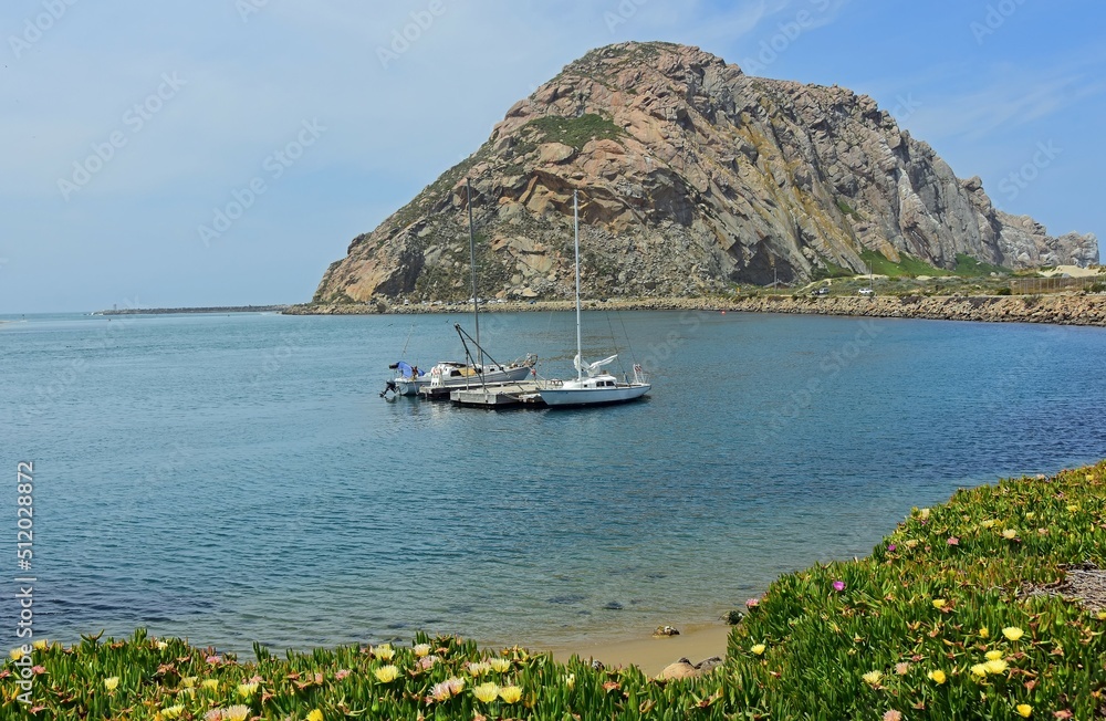 spectacular morro rock, beach, and colorful ice plants in san luis obispo  county on the central california coast on a sunny day