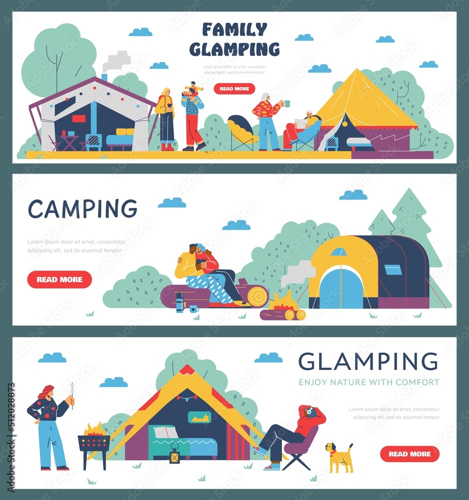 Family camping and glamping posters set, tourists living in comfortable tents, flat vector illustration.