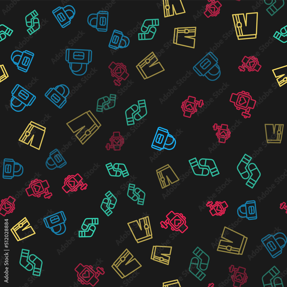 Set line Sport bag, Socks, Short pants and Smart watch with heart on seamless pattern. Vector Set line Sport bag, Socks, Short pants and Smart watch with heart on seamless pattern. Vector