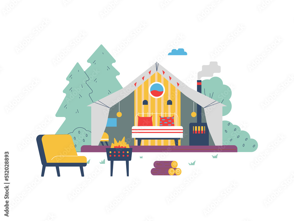 Comfortable glamping tent with bed and fireplace, flat vector illustration isolated on white background.