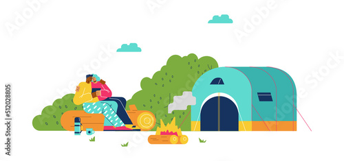 Happy couple drinking tea by the fire, camping or glamping concept, flat vector illustration isolated on white.