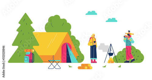 Family in glamping with tent or marquee, flat vector illustration isolated.