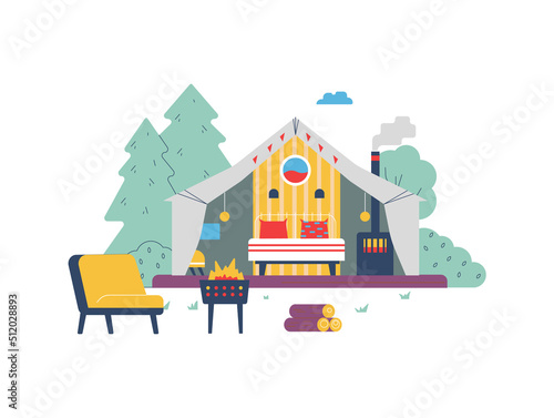 Comfortable glamping tent with bed and fireplace, flat vector illustration isolated on white background.
